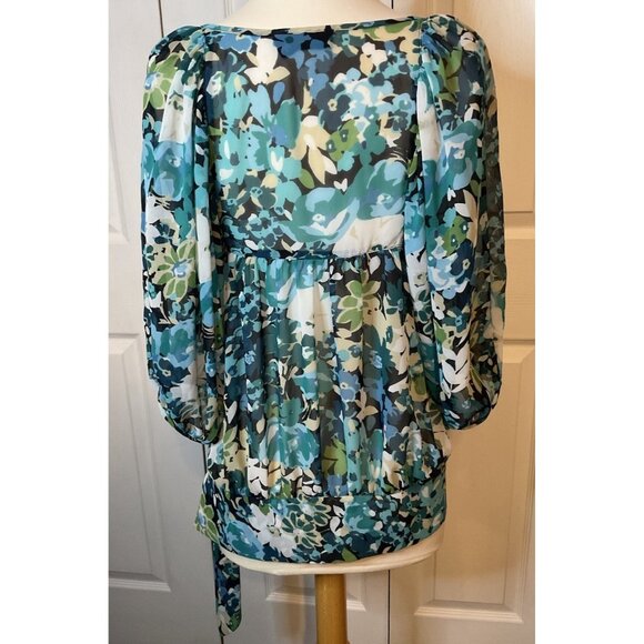 A.N.A. Sheer Floral Blue Green White Blouse Top Size Medium - Picture 6 of 6